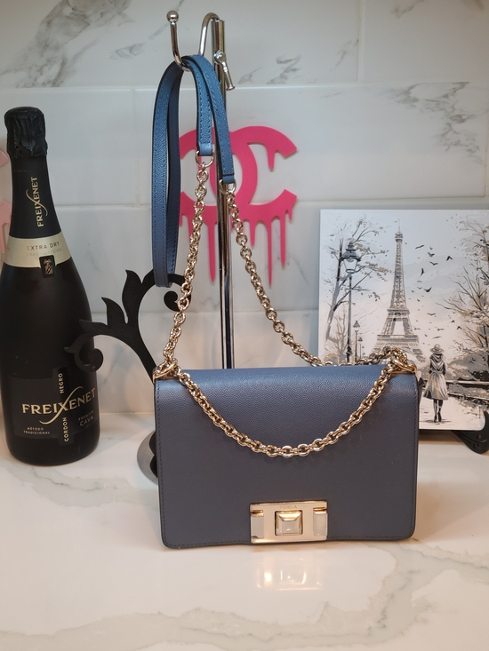 Furla Handbags - Furla Blue Leather Chain Crossbody Bag with Gold Hardware and COA